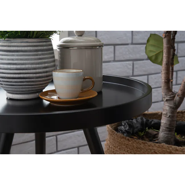Innis Side Table - Black, Natural - 2 - vibrant striped mug, modern coffee pot, gray and white striped vase, cozy table