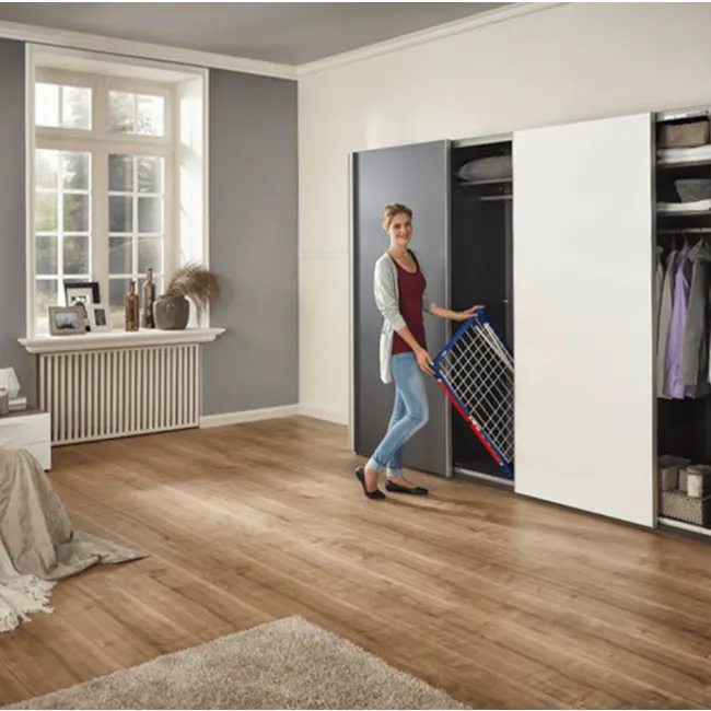 Leifheit Pegasus Maxx Clothes Dryer - 5 - Gray and white color scheme, modern wardrobe, woman with shopping cart, open