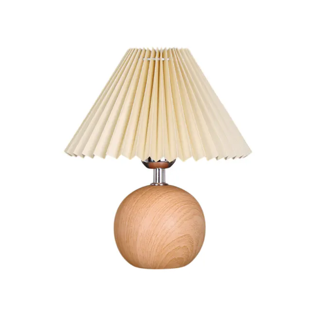 Tavian Pleated Table Lamp - Oak - 1 - Lamp with beige fabric shade, wooden base, elegant design, soft lighting, natural wood