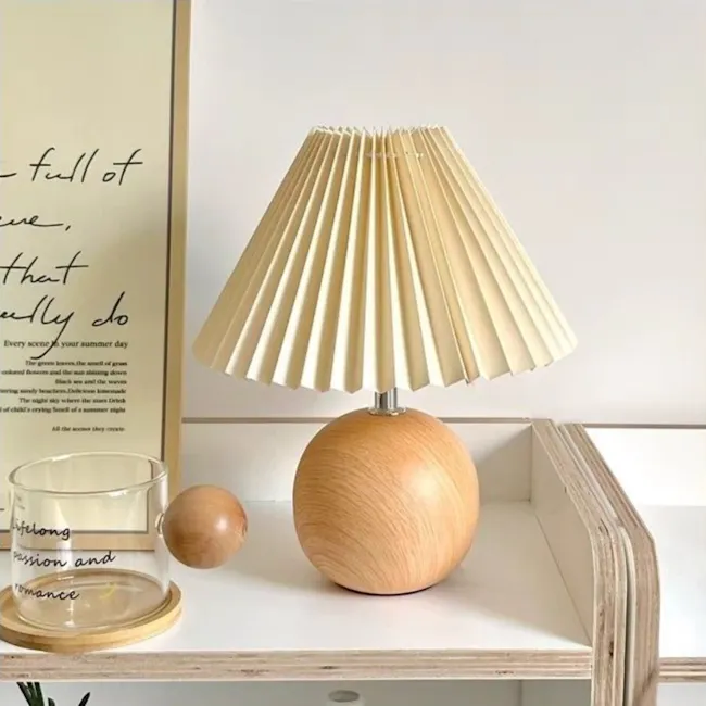 Tavian Pleated Table Lamp - Oak - 5 - Elegant wooden desk lamp with pleated shade, Minimalist interior decor with a wooden