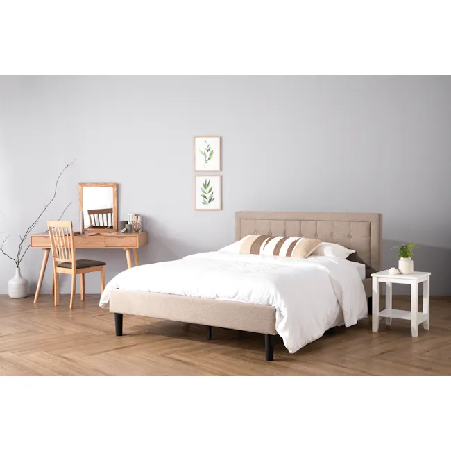 Elina Side Table - White - 2 - Modern minimalist bedroom, cozy bed with white comforter, wooden desk, framed botanical