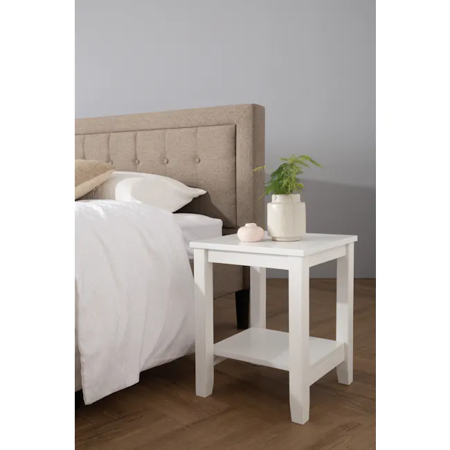 Elina Side Table - White - 3 - Modern minimalist bedroom, beige upholstered headboard, white comforter, white bedside
