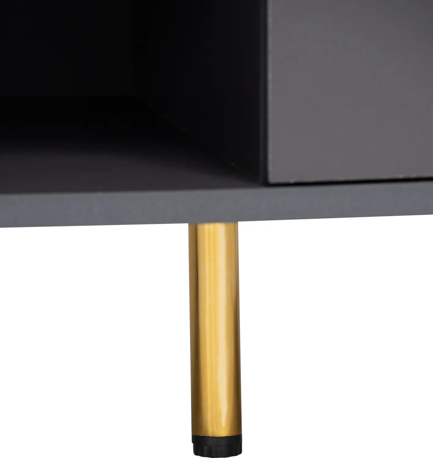 Volos TV Console 1.8m - 15 - Gold metallic cylindrical base, black shelf, minimalist design, sleek surface, polished finish