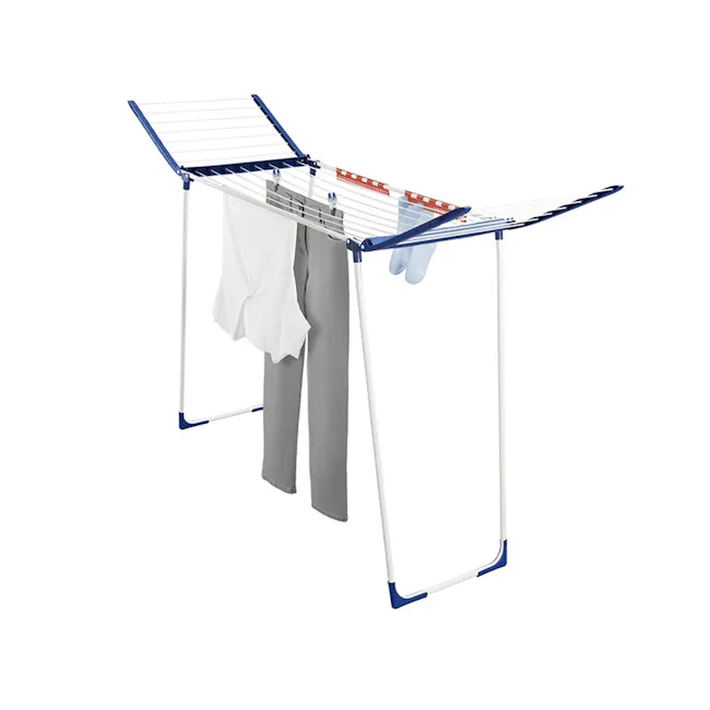 Leifheit Pegasus Maxx Clothes Dryer - 1 - Dresser, hanging rod, laundry facilities, white clothes, gray pants, blue frame