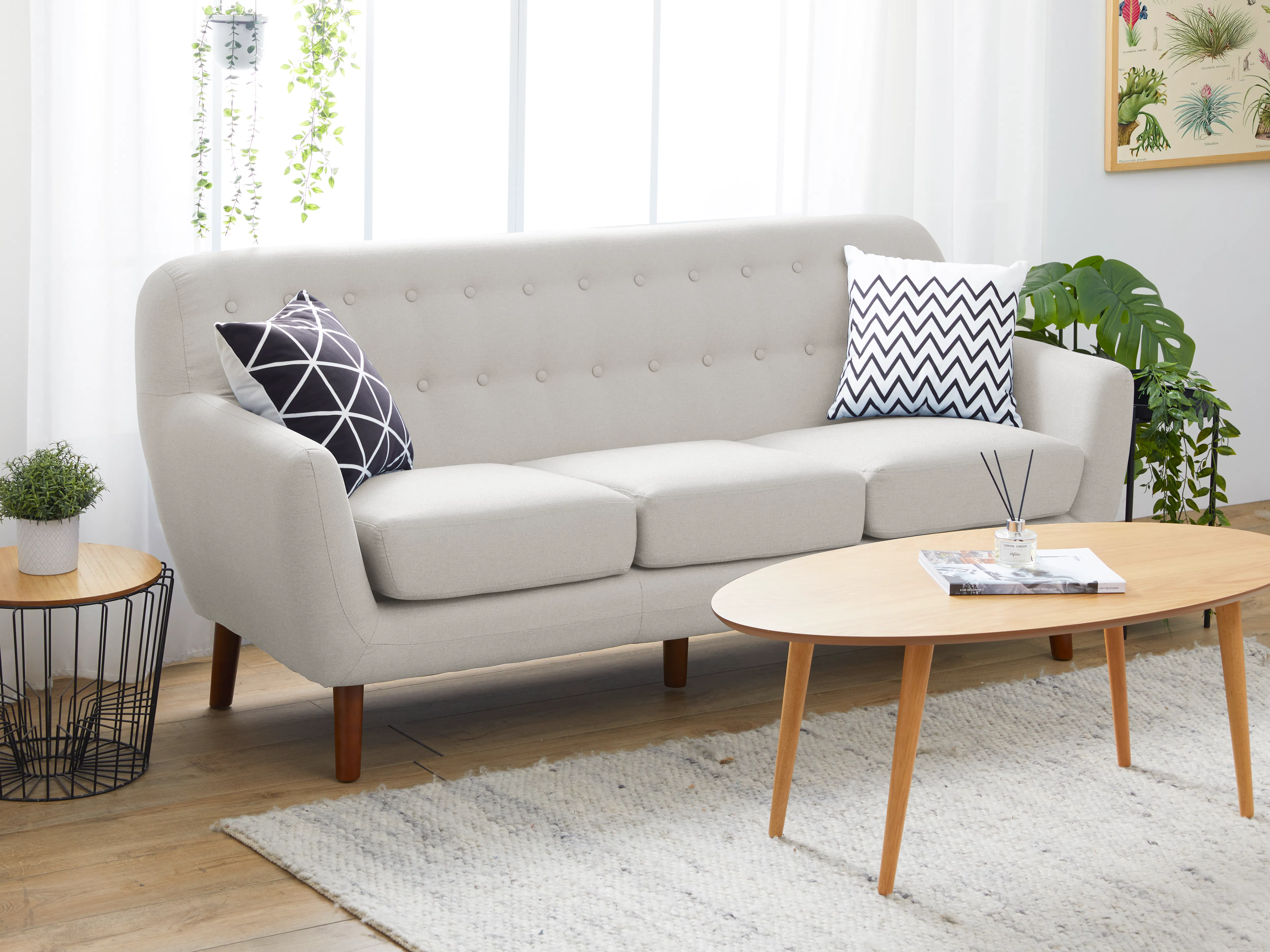 Emma 3 Seater Sofa - Sand - 9 - Light-colored tufted sofa, modern decor, minimalist design, white and black chevron