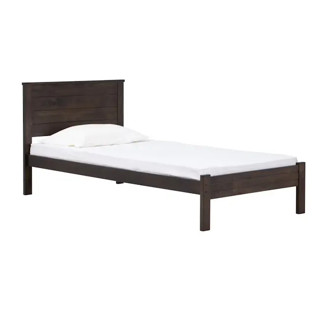 Barrett Single Bed - Dark Chestnut - 2 - Dark wood bed frame, white bedding, minimalist design, modern aesthetic, simple yet