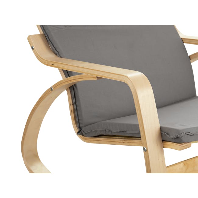 Mizuki Rocking Chair - Light Grey - 5 - Wooden chair with gray cushion, curved frame, light wood finish, metal rivets