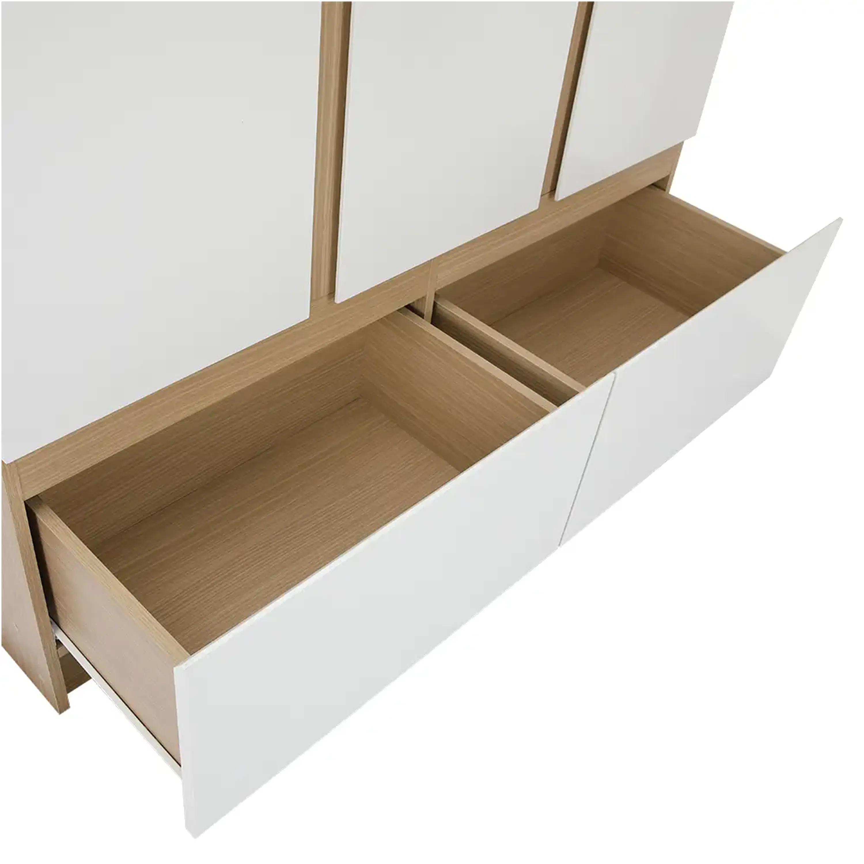 Firoh 3 Door Wardrobe with 2 Drawers - White, Oak - 9 - Wooden drawer unit, minimalist design, open drawer, empty shelves