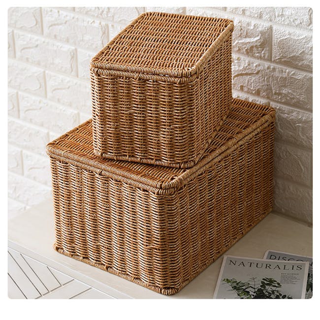 Gabriel Rattan Storage Basket With Lid (3 Sizes) - 5 - Woven wicker baskets, natural wood texture, stacked storage
