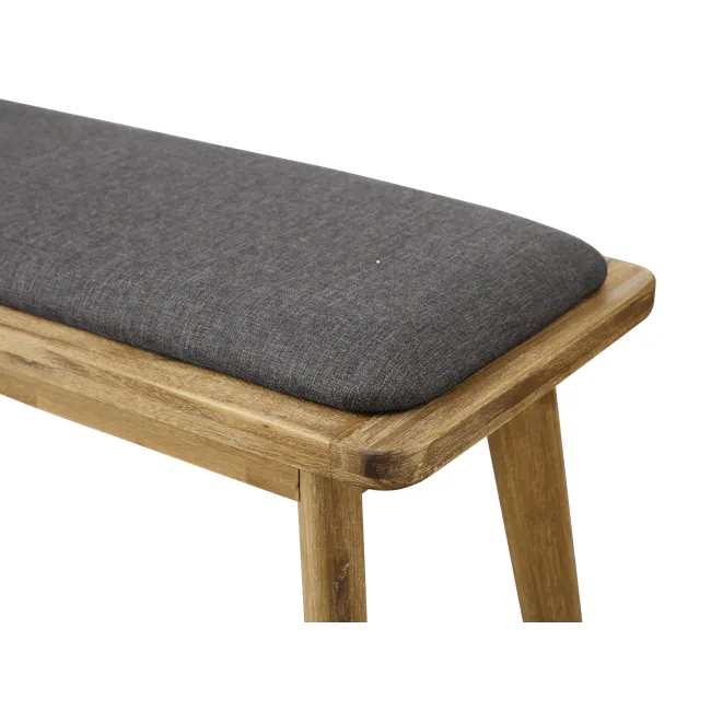 Todd Cushioned Bench 1.5m - 5 - Gray upholstered seat, wooden leg, rustic finish, natural wood grain, weathered texture