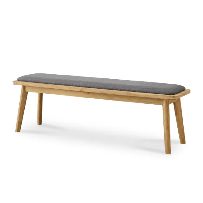 Todd Cushioned Bench 1.5m - 1 - Wooden bench with gray cushion, minimalist design, natural wood finish, simple structure