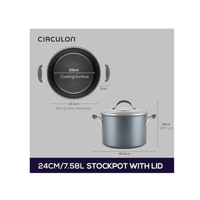 Circulon ScratchDefense A1 Covered Stockpot - 6 - 24 cm stockpot with lid, 23 cm cooking surface, 5 cm rim to rim diameter