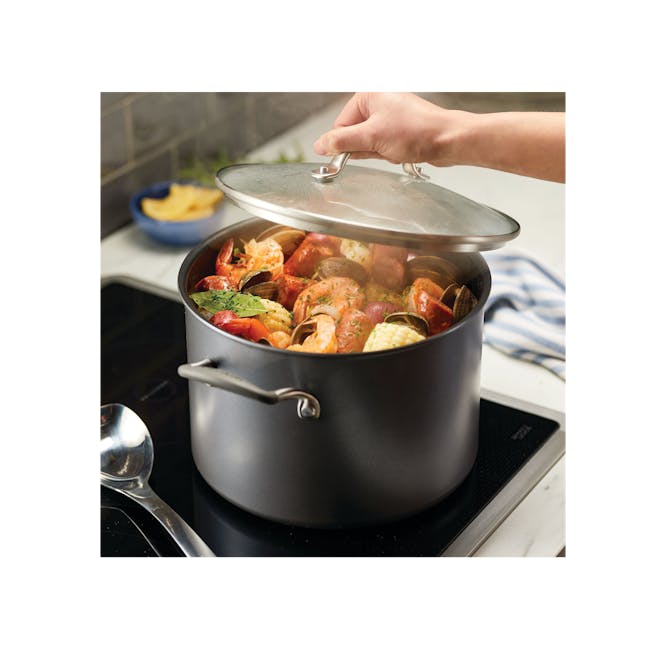 Circulon ScratchDefense A1 Covered Stockpot - 10 - silver pot, seafood stew, steaming, lid, hand opening, cooking