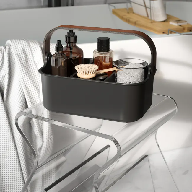Bellwood Medium Storage Organiser - Black, Walnut - 11 - black rectangular toiletry organizer, modern bathroom setting