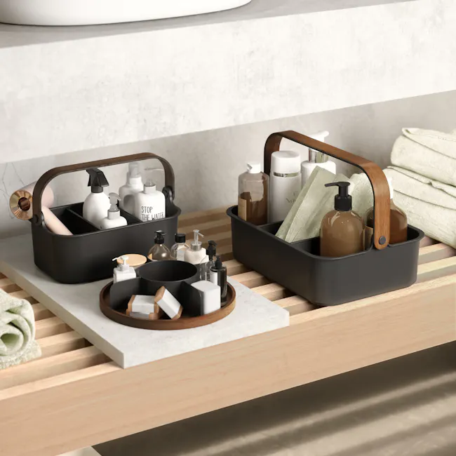 Bellwood Medium Storage Organiser - Black, Walnut - 2 - Bathroom countertop, modern toiletries, black storage bins, wooden