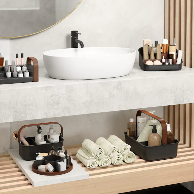 Bellwood Medium Storage Organiser - Black, Walnut - 9 - White oval sink, gold mirror, gray marble countertop, black faucet