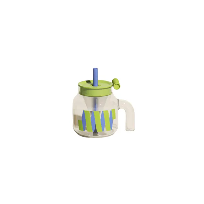 CHAKOLAB Tea Separator Jar Cup 1150ml - Yellow Cover with Orange Straw - 3 - Clear glass pitcher, green lid, blue straw