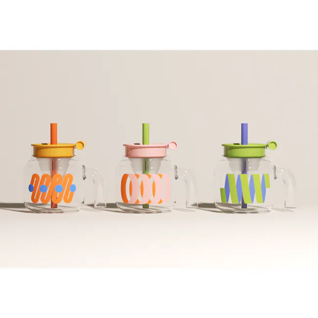 CHAKOLAB Tea Separator Jar Cup 1150ml - Yellow Cover with Orange Straw - 13 - Clear glass pitcher, colorful straws, modern