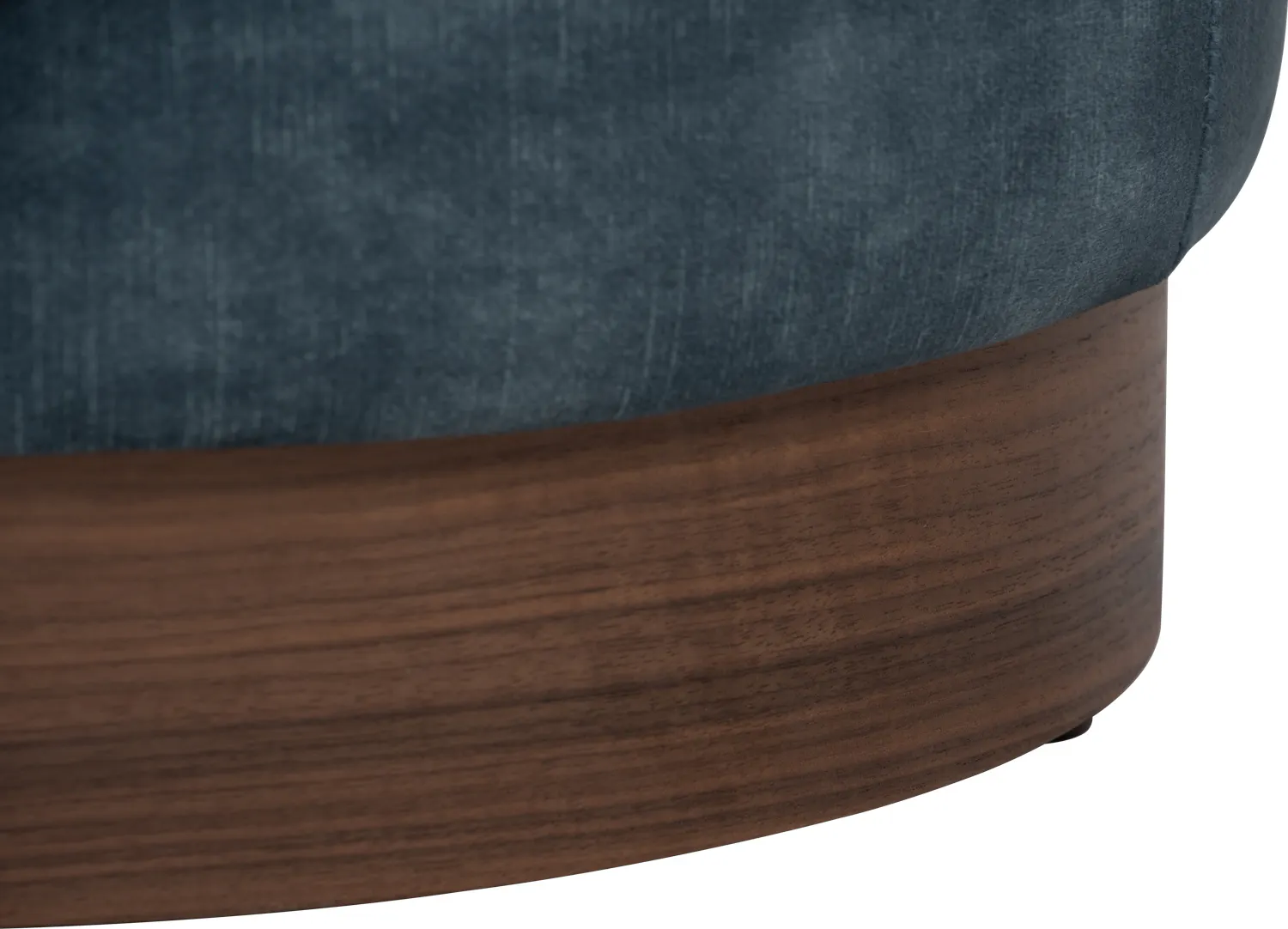 Axel Pouf - Walnut, Sapphire - 9 - Wooden stool, curved design, wooden base, dark wood finish, blue denim cushion