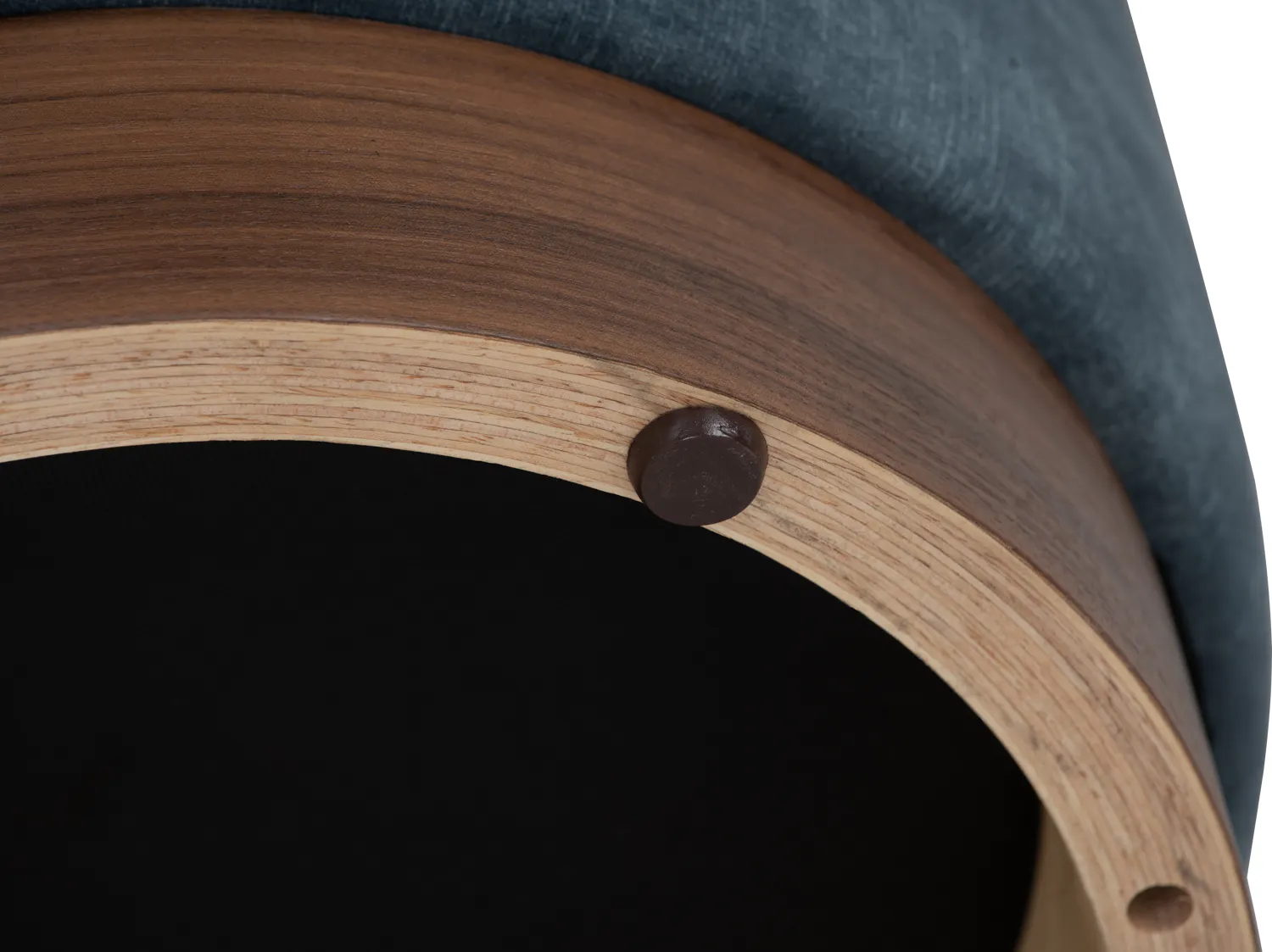 Axel Pouf - Walnut, Sapphire - 10 - Wooden barrel, dark fabric, wooden rim, wooden knob, wooden edge, wooden interior