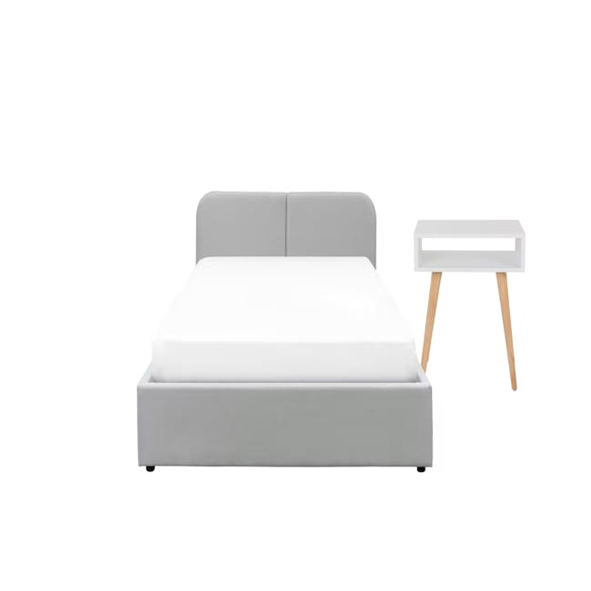 Nolan Super Single Storage Bed in Silver Fox with 1 Bowen Bedside Table in White, Oak - 0