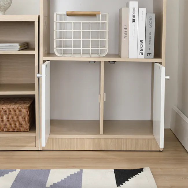 Miho Bookshelf - 5 - Wooden shelf, minimalist design, open shelves, white metal basket, books, decorative items, wicker