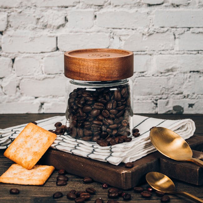 Table Matters Taikyu Acacia Clear Storage Jar (3 Sizes) - 3 - glass jar filled with roasted coffee beans, wooden lid, white