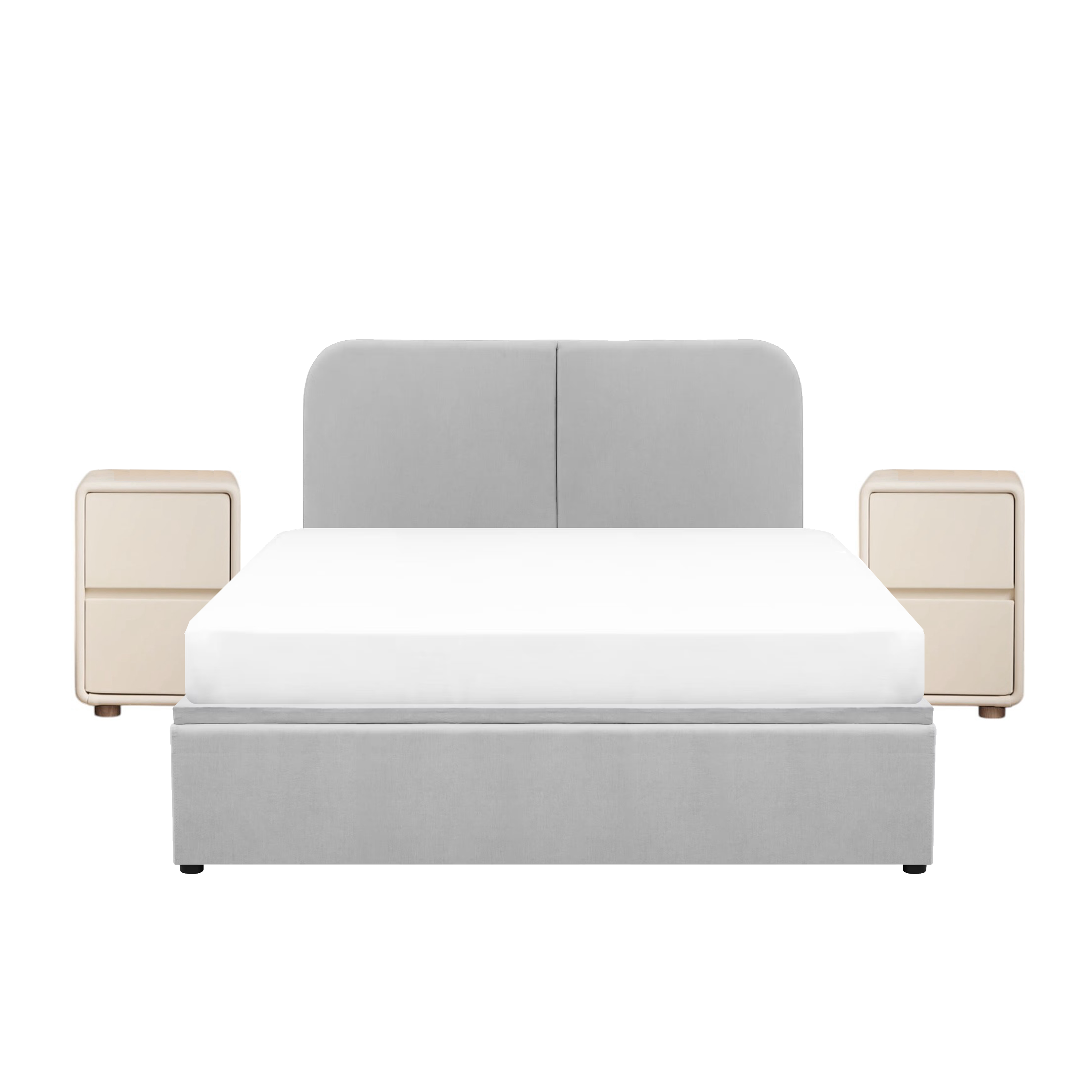 Nolan Queen Storage Bed in Silver Fox with 2 Asher Narrow Bedside Table