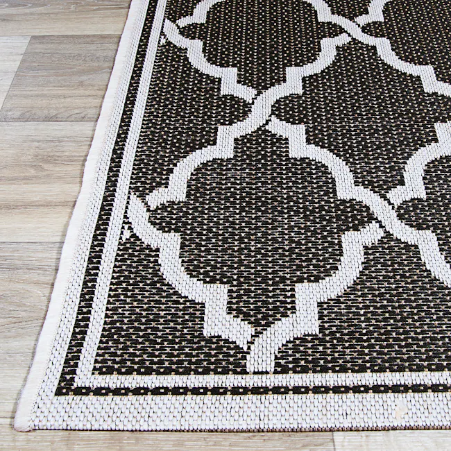 Ocean Port Flatwoven Rug - Black Sand (2 Sizes) - 4 - Beaded rug with intricate white patterns on black background