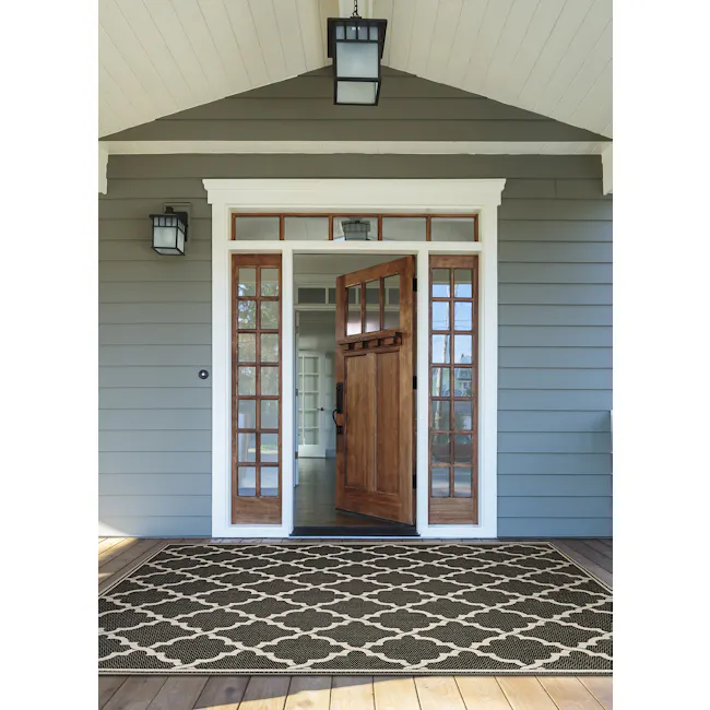 Ocean Port Flatwoven Rug - Black Sand (2 Sizes) - 2 - Wooden door entrance, gray siding, black lanterns, wooden frame, glass
