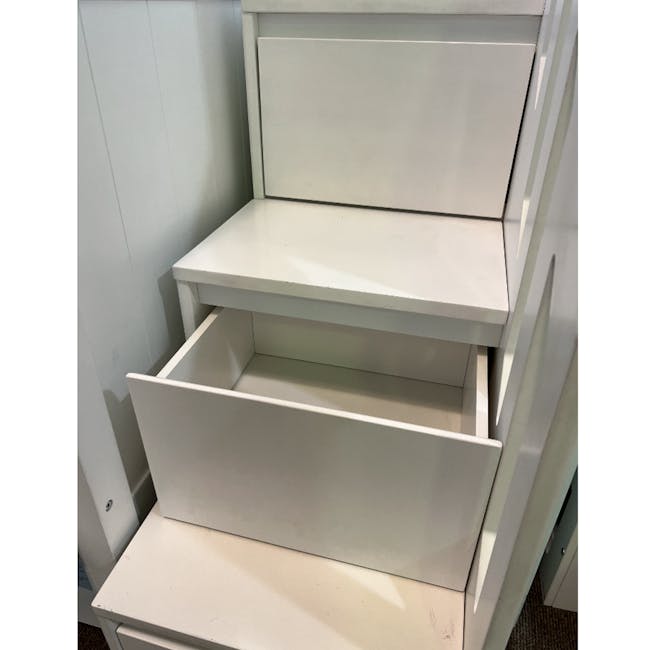 Matt Super Single Bunk Bed with Staircase - 9 - White, minimalist, modern, open shelving, empty drawers, clean, uncluttered