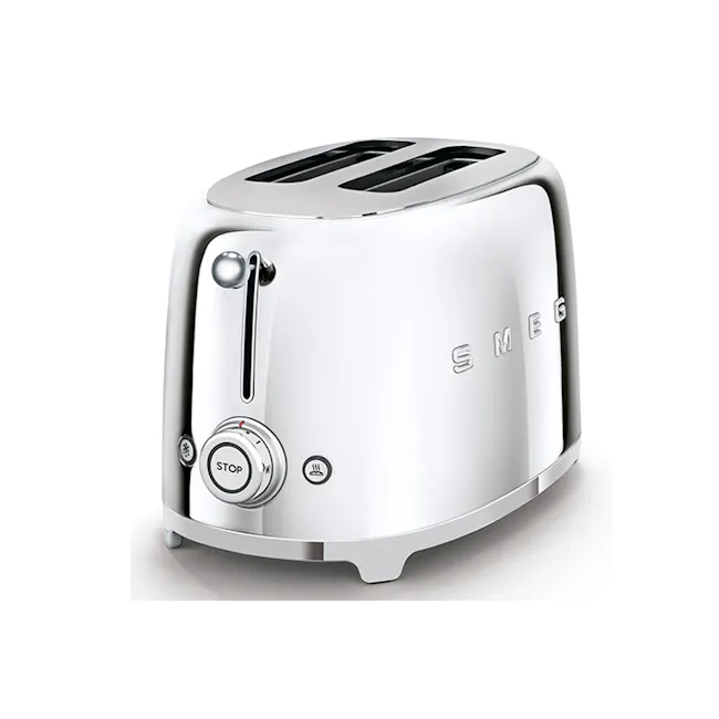 Smeg 2-Slice Toaster - Chrome - 3 - Silver toaster, stainless steel design, modern kitchen appliance, control knob, stop