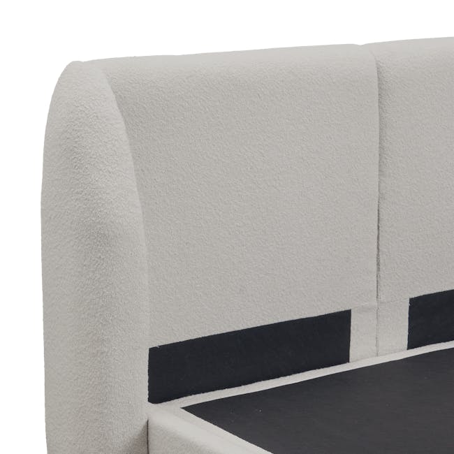 Nova Queen Storage Bed in Light Grey Boucle with 2 Natalia Bedside Tables - 13 - Cream-colored, plush, modern sofa with