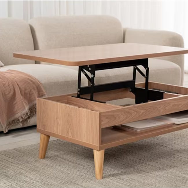 Muna Lift-Up Coffee Table - Natural - 5 - Wooden coffee table with metal frame, minimalist design, light wood finish, open