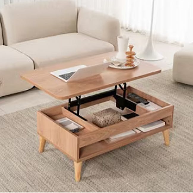 Muna Lift-Up Coffee Table - Natural - 2 - Wooden coffee table, minimalist design, open drawer, integrated storage