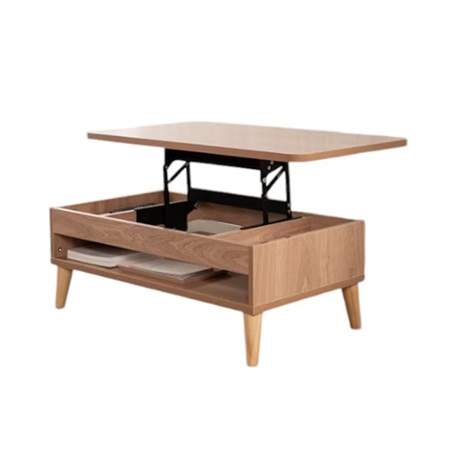 Muna Lift-Up Coffee Table - Natural - 1 - Wooden desk with black metal drawer, open drawer with papers, minimalist design