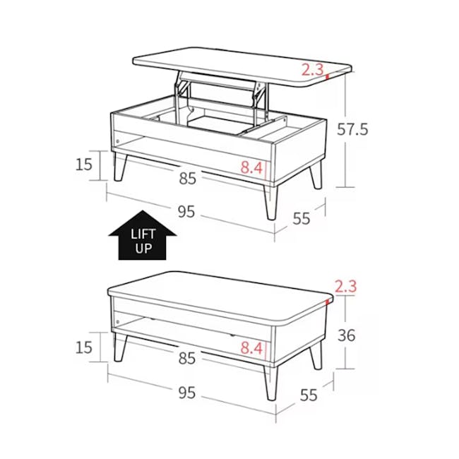 Muna Lift-Up Coffee Table - Natural - 6 - Adjustable table with lift mechanism, Wooden table with drawer and shelf