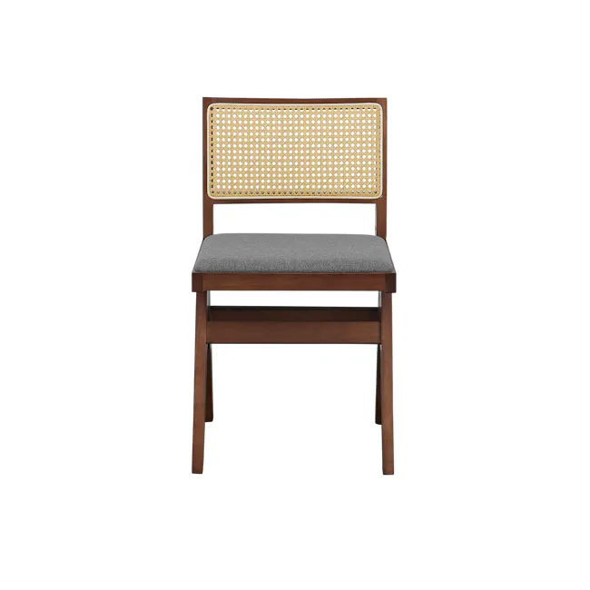 Dean Rattan Chair - Walnut, Dark Grey (Fabric) - 5 - Wooden chair with woven seat, gray cushion, wooden frame, natural wood