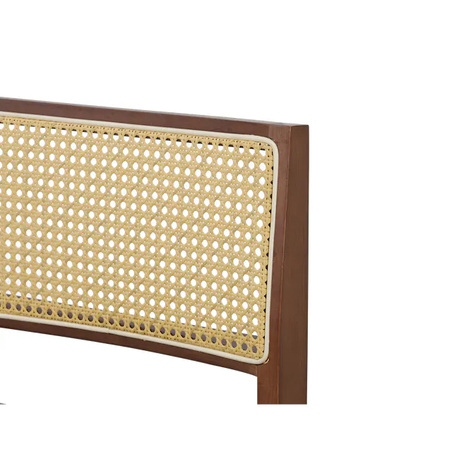 Dean Rattan Chair - Walnut, Dark Grey (Fabric) - 7 - Wicker bench with intricate lattice design, wooden frame, beige woven