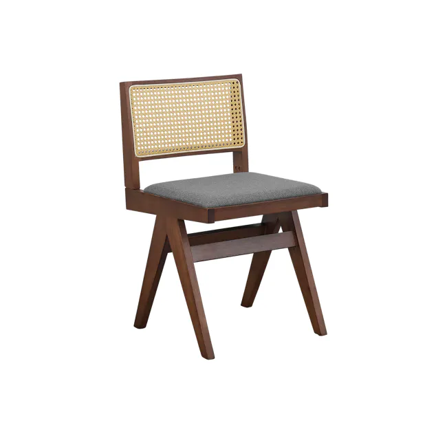 Dean Rattan Chair - Walnut, Dark Grey (Fabric) - 1 - Wooden chair with woven backrest, gray cushioned seat, modern design