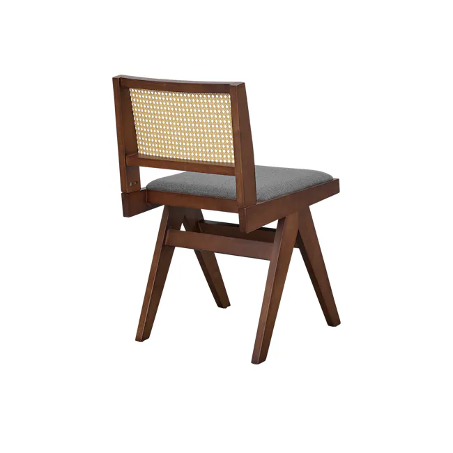 Dean Rattan Chair - Walnut, Dark Grey (Fabric) - 4 - Wooden chair with yellow woven seat, gray cushioned seat, wooden frame