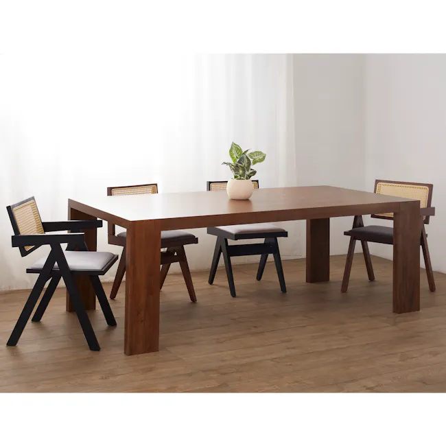 Dean Rattan Chair - Walnut, Dark Grey (Fabric) - 3 - Modern dining room, minimalist design, wooden table, black chairs