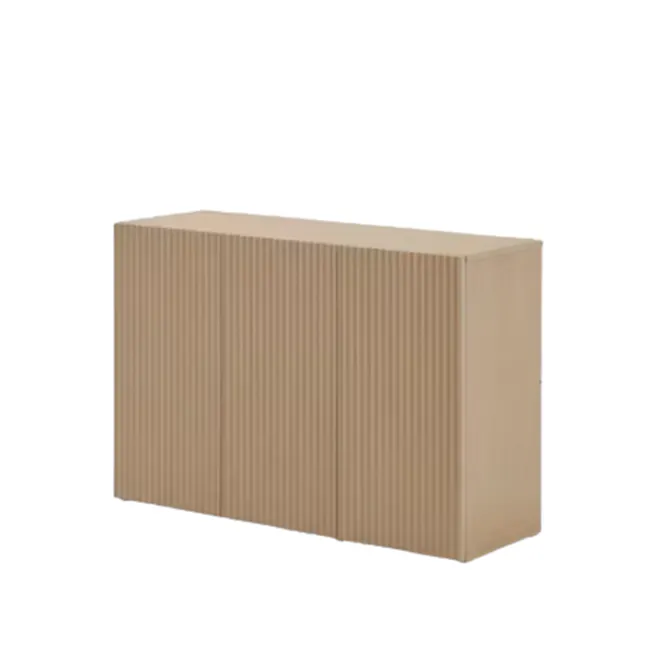 Heidi Cabinet 1.2m - Oak - 1 - Box, cardboard, rectangular, flat surface, vertical ridges, minimalist design, industrial