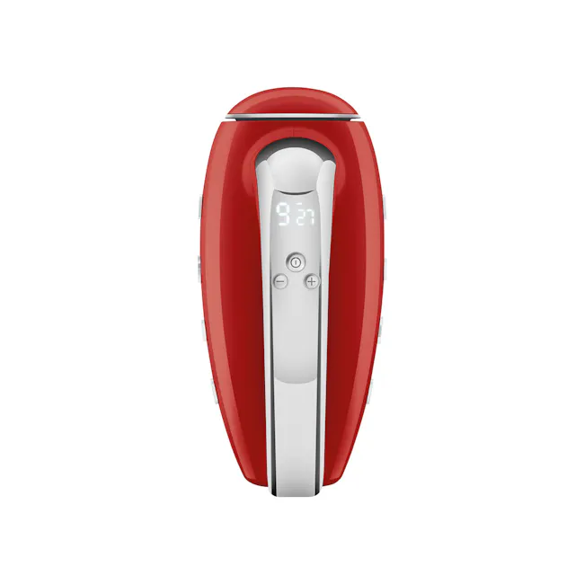 SMEG Hand Mixer - Red - 8 - Red and silver electric kettle, digital display, 9:27 time, control buttons, modern design