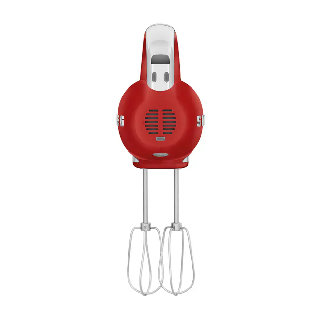 SMEG Hand Mixer - Red - 11 - Red electric mixer with silver accents, sleek design, modern kitchen appliance, dual whisk