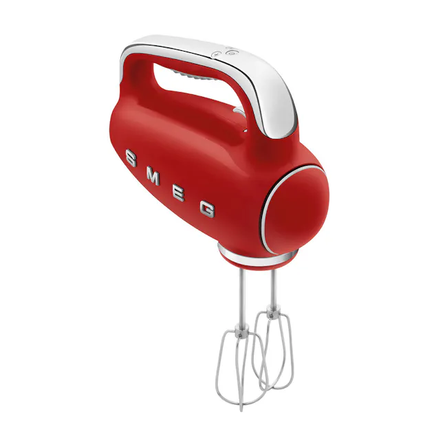 SMEG Hand Mixer - Red - 6 - Red electric mixer with silver accents, sleek design, modern kitchen appliance, high-quality