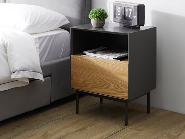 Lewis Bedside Table - Grey, Oak - 1