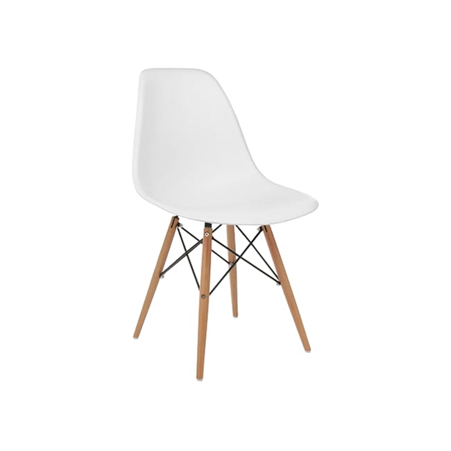 Harold Round Dining Table 1.05m with 4 Oslo Chairs in White - 7 - Modern minimalist chair, white upholstered seat, wooden