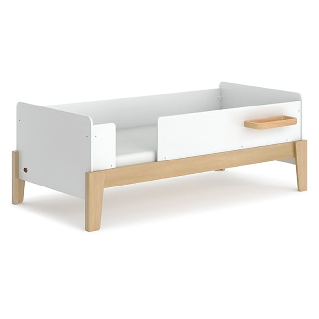Natty Guarded Single Bed - Barley White & Almond - 1 - White modern child's bed with wooden legs, minimalist design