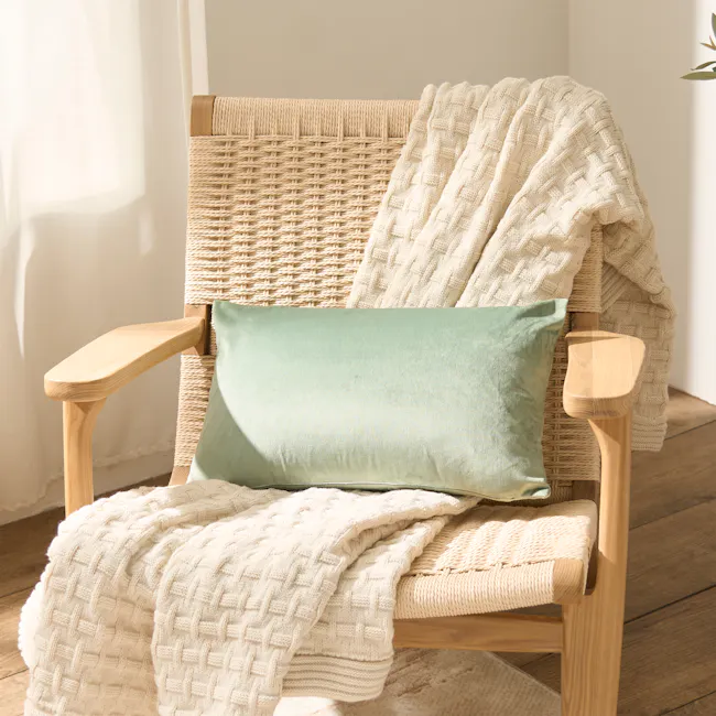 Alyssa Velvet Lumbar Cushion Cover - Jade - 8 - Wooden chair, beige knitted blanket, light green cushion, natural light